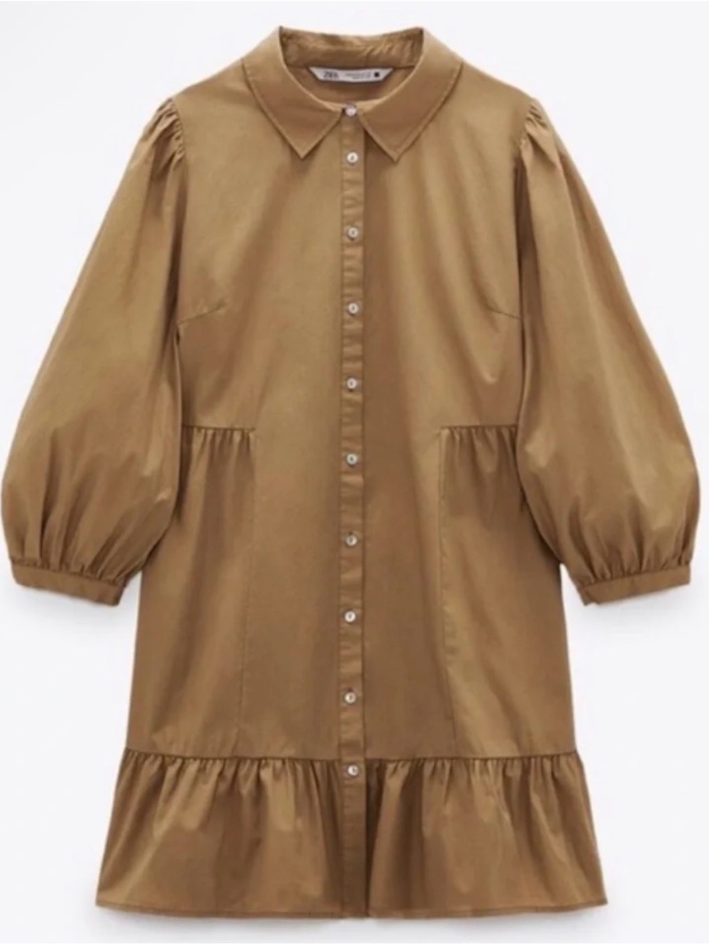 Zara Camel Brown Puff-Sleeve Mini Dress